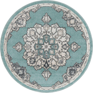 Aqua 5' x 5' Parker Round Area Rug Traditional Motif Classic Design Stain Resistant Carpet for Living, Dining, Bedrooms, Kitchen, Office for Sale at Rug Engine