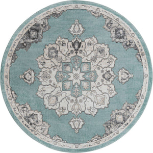 Aqua 7' 10 x 7' 10 Parker Round Area Rug Traditional Motif Classic Design Stain Resistant Carpet for Living, Dining, Bedrooms, Kitchen, Office for Sale at Rug Engine