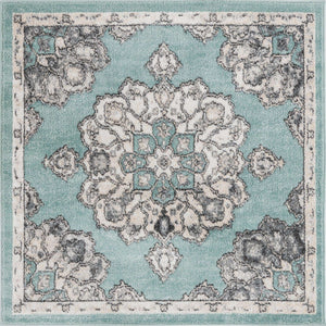 Aqua 4' x 4' Parker Square Area Rug Traditional Motif Classic Design Stain Resistant Carpet for Living, Dining, Bedrooms, Kitchen, Office for Sale at Rug Engine
