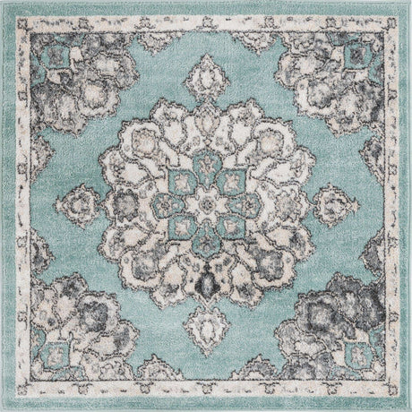 Aqua 4' x 4' Parker Square Area Rug Traditional Motif Classic Design Stain Resistant Carpet for Living, Dining, Bedrooms, Kitchen, Office for Sale at Rug Engine