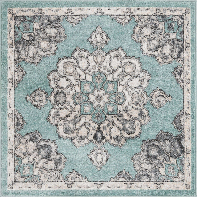 Aqua 4' x 4' Parker Square Area Rug Traditional Motif Classic Design Stain Resistant Carpet for Living, Dining, Bedrooms, Kitchen, Office for Sale at Rug Engine