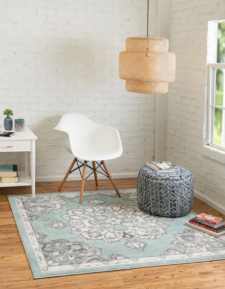 Aqua 4' x 4' Parker Square Area Rug Traditional Motif Classic Design Stain Resistant Carpet for Living, Dining, Bedrooms, Kitchen, Office for Sale at Rug Engine