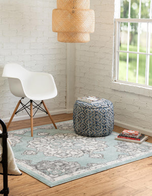 Aqua 5' x 5' Parker Square Area Rug Traditional Motif Classic Design Stain Resistant Carpet for Living, Dining, Bedrooms, Kitchen, Office for Sale at Rug Engine