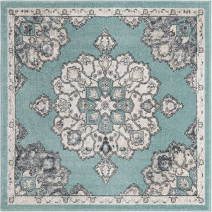 Aqua 5' x 5' Parker Square Area Rug Traditional Motif Classic Design Stain Resistant Carpet for Living, Dining, Bedrooms, Kitchen, Office for Sale at Rug Engine