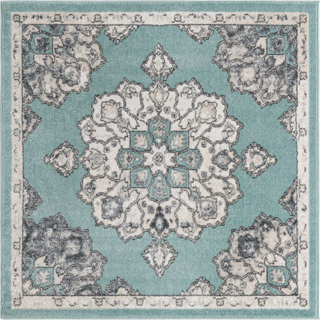 Aqua 5' x 5' Parker Square Area Rug Traditional Motif Classic Design Stain Resistant Carpet for Living, Dining, Bedrooms, Kitchen, Office for Sale at Rug Engine