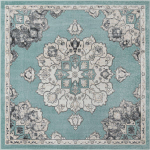 Aqua 7' 10 x 7' 10 Parker Square Area Rug Traditional Motif Classic Design Stain Resistant Carpet for Living, Dining, Bedrooms, Kitchen, Office for Sale at Rug Engine