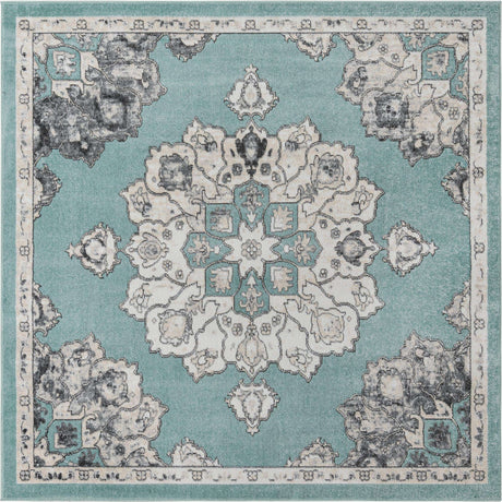 Aqua 7' 10 x 7' 10 Parker Square Area Rug Traditional Motif Classic Design Stain Resistant Carpet for Living, Dining, Bedrooms, Kitchen, Office for Sale at Rug Engine