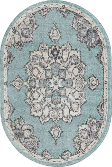 Aqua 4' x 6' Parker Oval Area Rug Traditional Motif Classic Design Stain Resistant Carpet for Living, Dining, Bedrooms, Kitchen, Office for Sale at Rug Engine