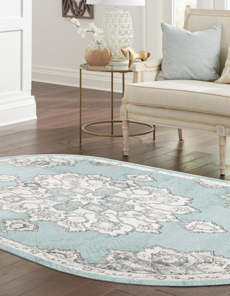Aqua 7' 10 x 10' Parker Oval Area Rug Traditional Motif Classic Design Stain Resistant Carpet for Living, Dining, Bedrooms, Kitchen, Office for Sale at Rug Engine