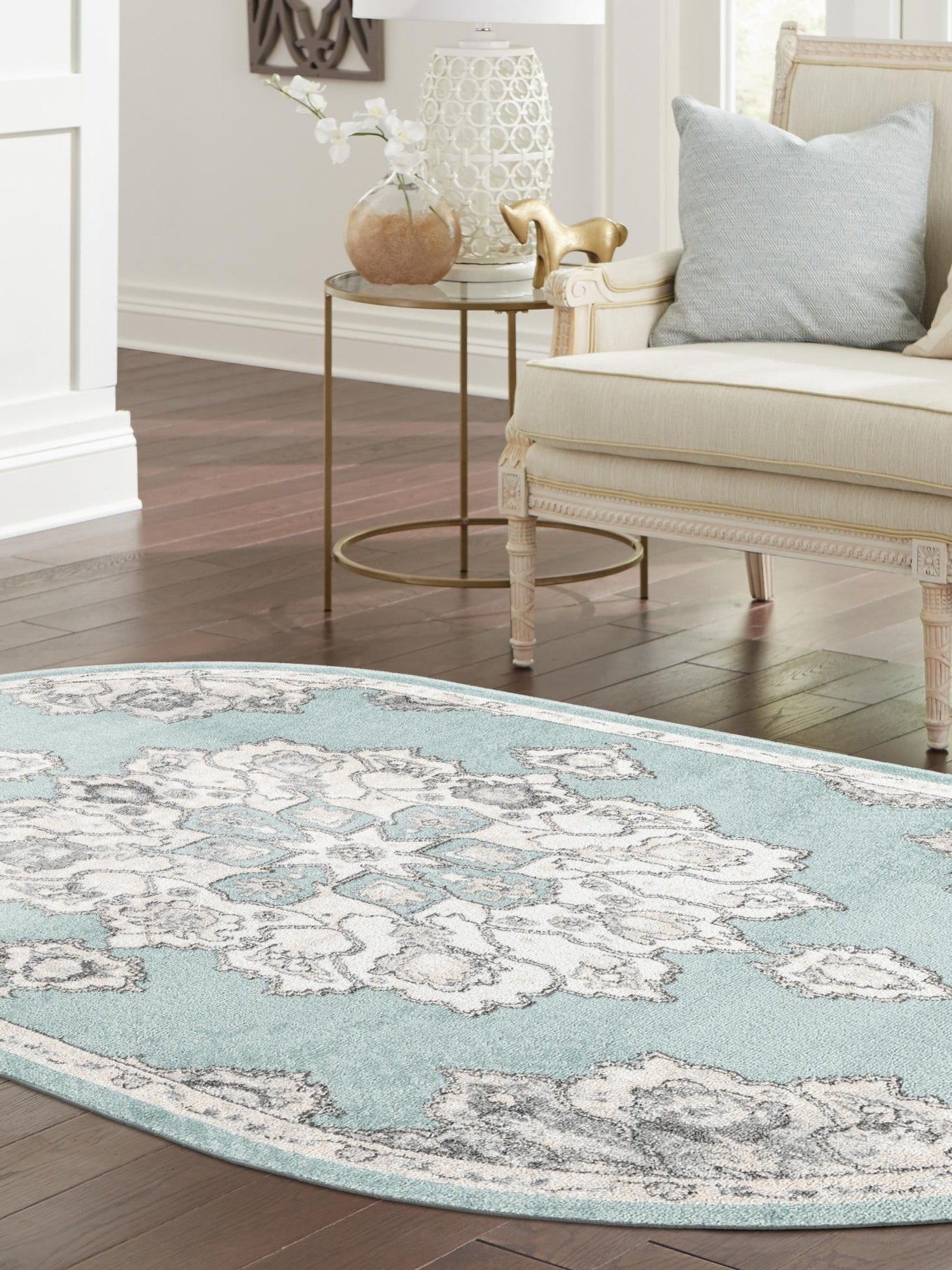 Aqua 4' x 6' Parker Oval Area Rug Traditional Motif Classic Design Stain Resistant Carpet for Living, Dining, Bedrooms, Kitchen, Office for Sale at Rug Engine