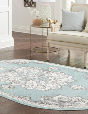 Aqua 4' x 6' Parker Oval Area Rug Traditional Motif Classic Design Stain Resistant Carpet for Living, Dining, Bedrooms, Kitchen, Office for Sale at Rug Engine