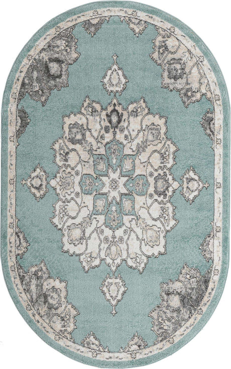 Aqua 5' x 8' Parker Oval Area Rug Traditional Motif Classic Design Stain Resistant Carpet for Living, Dining, Bedrooms, Kitchen, Office for Sale at Rug Engine
