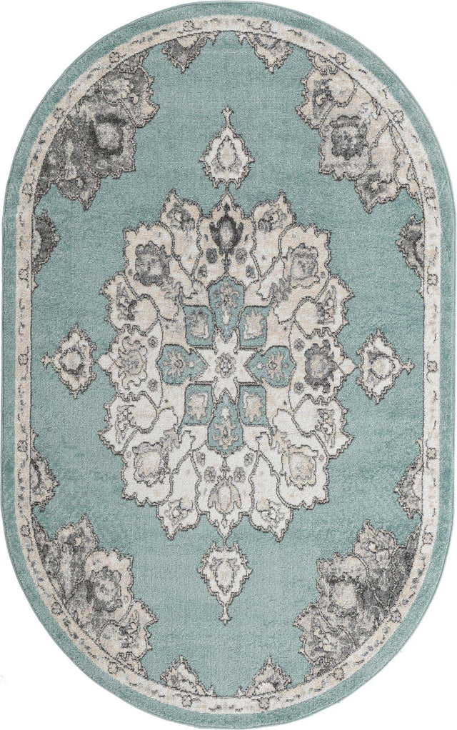 Aqua 5' x 8' Parker Oval Area Rug Traditional Motif Classic Design Stain Resistant Carpet for Living, Dining, Bedrooms, Kitchen, Office for Sale at Rug Engine