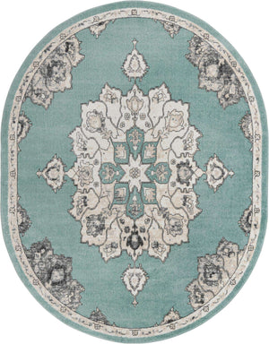Aqua 7' 10 x 10' Parker Oval Area Rug Traditional Motif Classic Design Stain Resistant Carpet for Living, Dining, Bedrooms, Kitchen, Office for Sale at Rug Engine