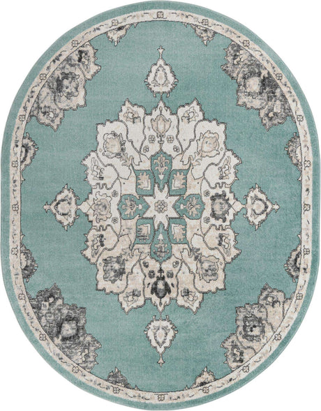 Aqua 7' 10 x 10' Parker Oval Area Rug Traditional Motif Classic Design Stain Resistant Carpet for Living, Dining, Bedrooms, Kitchen, Office for Sale at Rug Engine