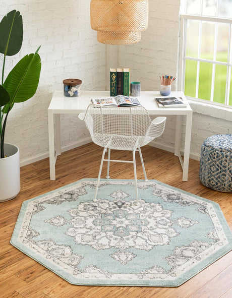 Aqua 5' x 5' Parker Octagon Area Rug Traditional Motif Classic Design Stain Resistant Carpet for Living, Dining, Bedrooms, Kitchen, Office for Sale at Rug Engine