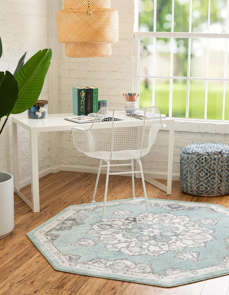 Aqua 7' 10 x 7' 10 Parker Octagon Area Rug Traditional Motif Classic Design Stain Resistant Carpet for Living, Dining, Bedrooms, Kitchen, Office for Sale at Rug Engine