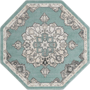 Aqua 5' x 5' Parker Octagon Area Rug Traditional Motif Classic Design Stain Resistant Carpet for Living, Dining, Bedrooms, Kitchen, Office for Sale at Rug Engine