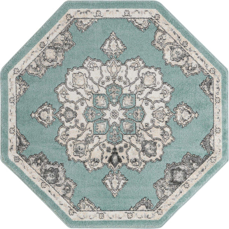 Aqua 5' x 5' Parker Octagon Area Rug Traditional Motif Classic Design Stain Resistant Carpet for Living, Dining, Bedrooms, Kitchen, Office for Sale at Rug Engine