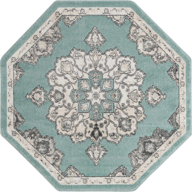 Aqua 5' x 5' Parker Octagon Area Rug Traditional Motif Classic Design Stain Resistant Carpet for Living, Dining, Bedrooms, Kitchen, Office for Sale at Rug Engine