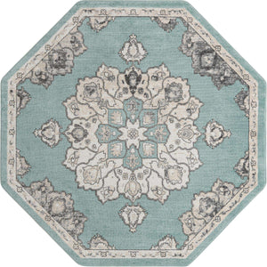 Aqua 7' 10 x 7' 10 Parker Octagon Area Rug Traditional Motif Classic Design Stain Resistant Carpet for Living, Dining, Bedrooms, Kitchen, Office for Sale at Rug Engine