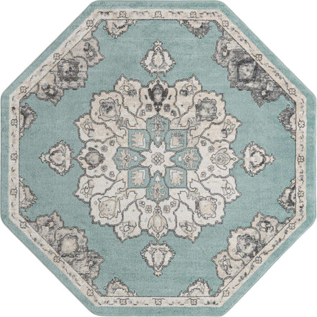 Aqua 7' 10 x 7' 10 Parker Octagon Area Rug Traditional Motif Classic Design Stain Resistant Carpet for Living, Dining, Bedrooms, Kitchen, Office for Sale at Rug Engine