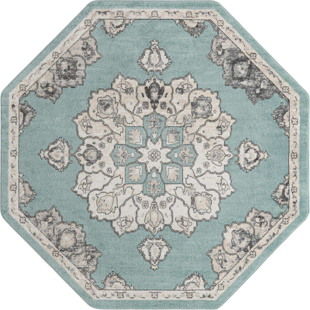 Aqua 7' 10 x 7' 10 Parker Octagon Area Rug Traditional Motif Classic Design Stain Resistant Carpet for Living, Dining, Bedrooms, Kitchen, Office for Sale at Rug Engine
