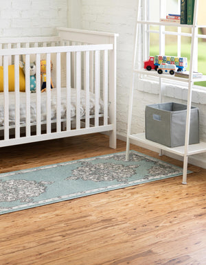 Aqua 2' x 8' Parker Runner Area Rug Traditional Motif Classic Design Stain Resistant Carpet for Living, Dining, Bedrooms, Kitchen, Office for Sale at Rug Engine