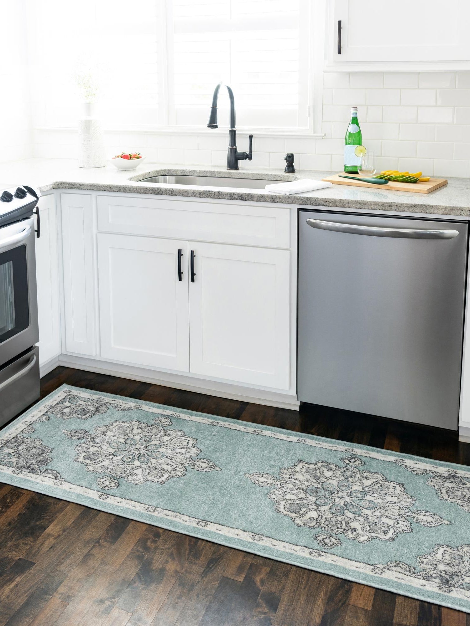 Aqua 2' x 6' Parker Runner Area Rug Traditional Motif Classic Design Stain Resistant Carpet for Living, Dining, Bedrooms, Kitchen, Office for Sale at Rug Engine