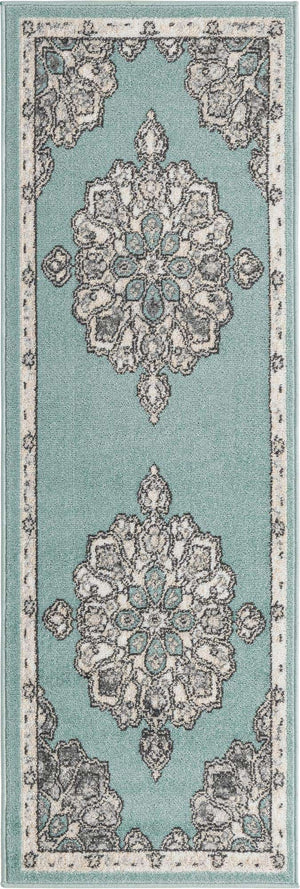 Aqua 2' x 6' Parker Runner Area Rug Traditional Motif Classic Design Stain Resistant Carpet for Living, Dining, Bedrooms, Kitchen, Office for Sale at Rug Engine