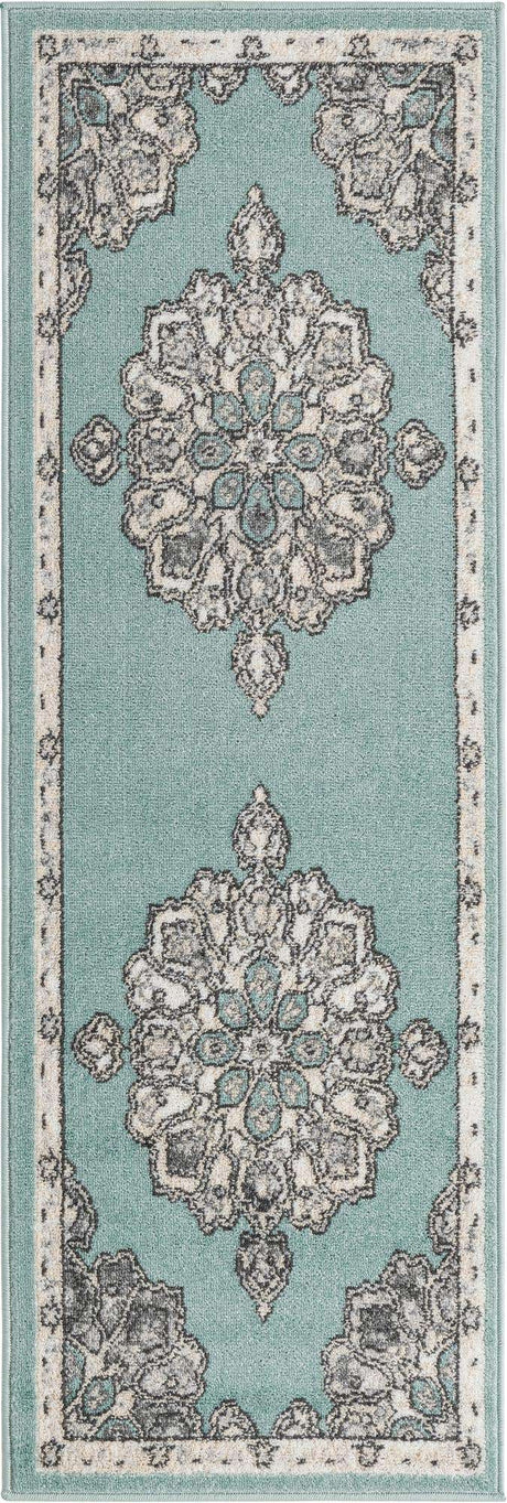 Aqua 2' x 6' Parker Runner Area Rug Traditional Motif Classic Design Stain Resistant Carpet for Living, Dining, Bedrooms, Kitchen, Office for Sale at Rug Engine
