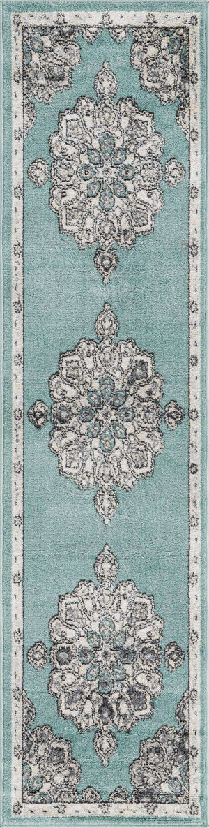 Aqua 2' x 8' Parker Runner Area Rug Traditional Motif Classic Design Stain Resistant Carpet for Living, Dining, Bedrooms, Kitchen, Office for Sale at Rug Engine