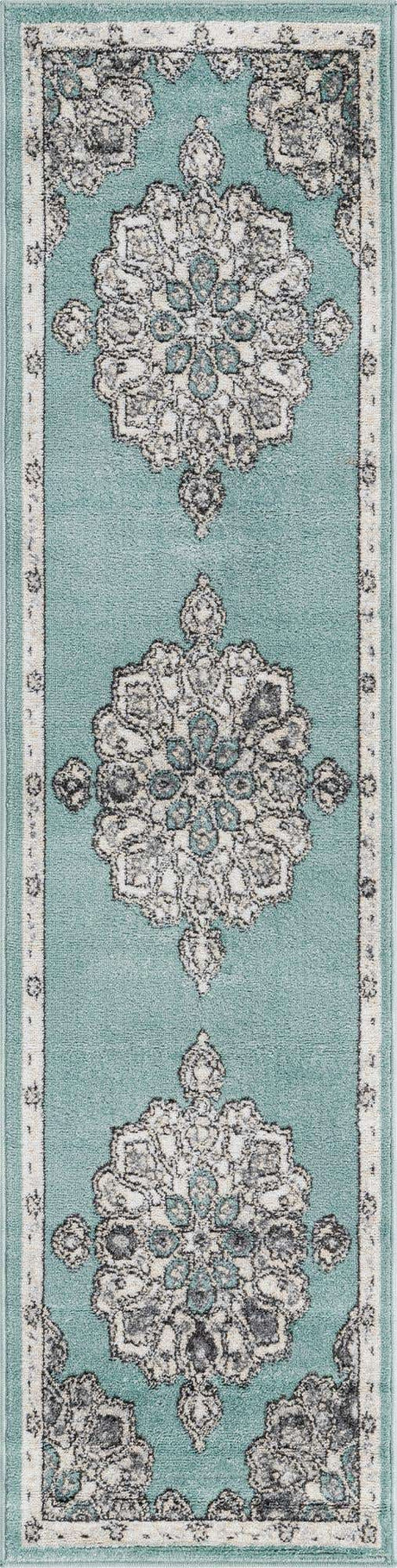 Aqua 2' x 8' Parker Runner Area Rug Traditional Motif Classic Design Stain Resistant Carpet for Living, Dining, Bedrooms, Kitchen, Office for Sale at Rug Engine