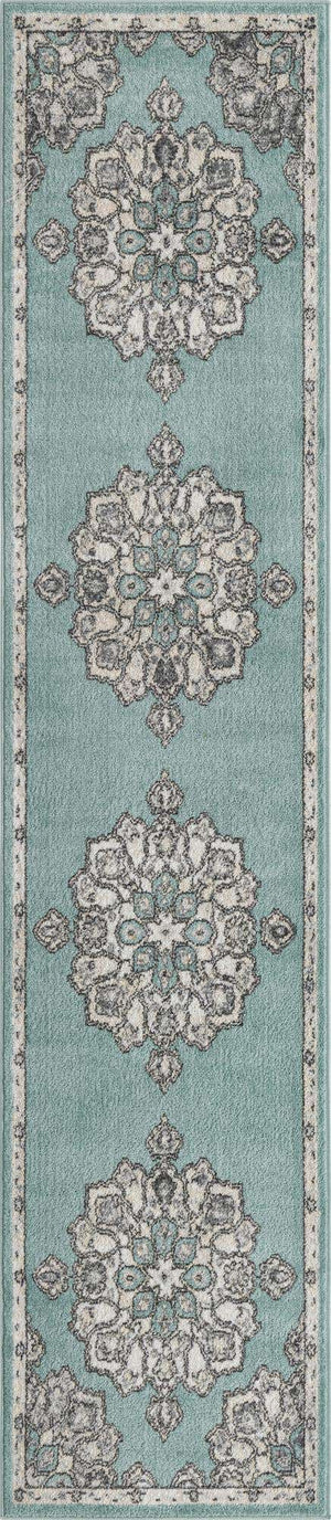Aqua 2' 7 x 12' Parker Runner Area Rug Traditional Motif Classic Design Stain Resistant Carpet for Living, Dining, Bedrooms, Kitchen, Office for Sale at Rug Engine