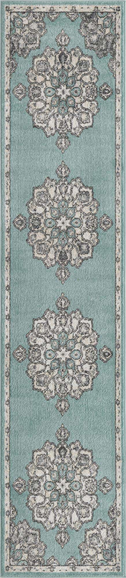Aqua 2' 7 x 12' Parker Runner Area Rug Traditional Motif Classic Design Stain Resistant Carpet for Living, Dining, Bedrooms, Kitchen, Office for Sale at Rug Engine