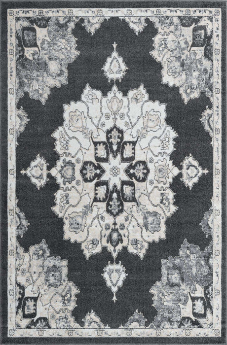 Charcoal 6' x 9' Parker Rectangle Area Rug Traditional Motif Classic Design Stain Resistant Carpet for Living, Dining, Bedrooms, Kitchen, Office for Sale at Rug Engine
