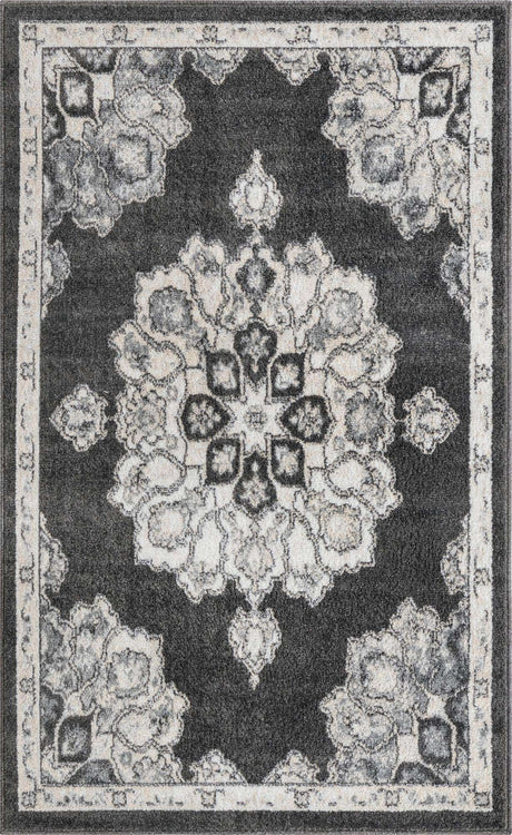 Charcoal 3' 3 x 5' 3 Parker Rectangle Area Rug Traditional Motif Classic Design Stain Resistant Carpet for Living, Dining, Bedrooms, Kitchen, Office for Sale at Rug Engine