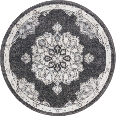Charcoal 3' 3 x 3' 3 Parker Round Area Rug Traditional Motif Classic Design Stain Resistant Carpet for Living, Dining, Bedrooms, Kitchen, Office for Sale at Rug Engine