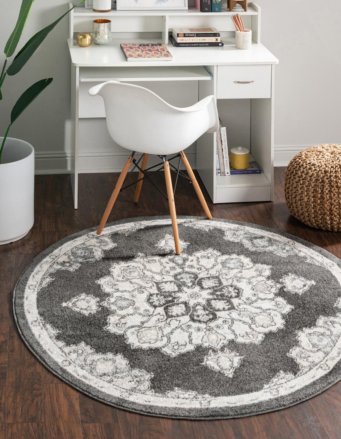Charcoal 5' x 5' Parker Round Area Rug Traditional Motif Classic Design Stain Resistant Carpet for Living, Dining, Bedrooms, Kitchen, Office for Sale at Rug Engine