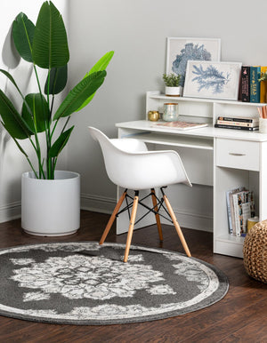 Charcoal 5' x 5' Parker Round Area Rug Traditional Motif Classic Design Stain Resistant Carpet for Living, Dining, Bedrooms, Kitchen, Office for Sale at Rug Engine