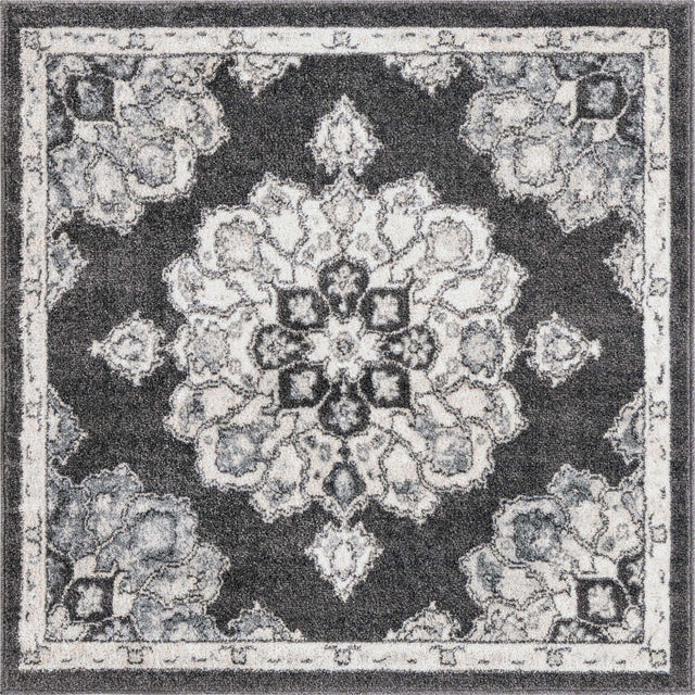 Charcoal 4' x 4' Parker Square Area Rug Traditional Motif Classic Design Stain Resistant Carpet for Living, Dining, Bedrooms, Kitchen, Office for Sale at Rug Engine