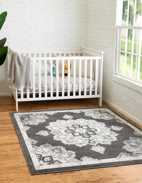 Charcoal 4' x 4' Parker Square Area Rug Traditional Motif Classic Design Stain Resistant Carpet for Living, Dining, Bedrooms, Kitchen, Office for Sale at Rug Engine