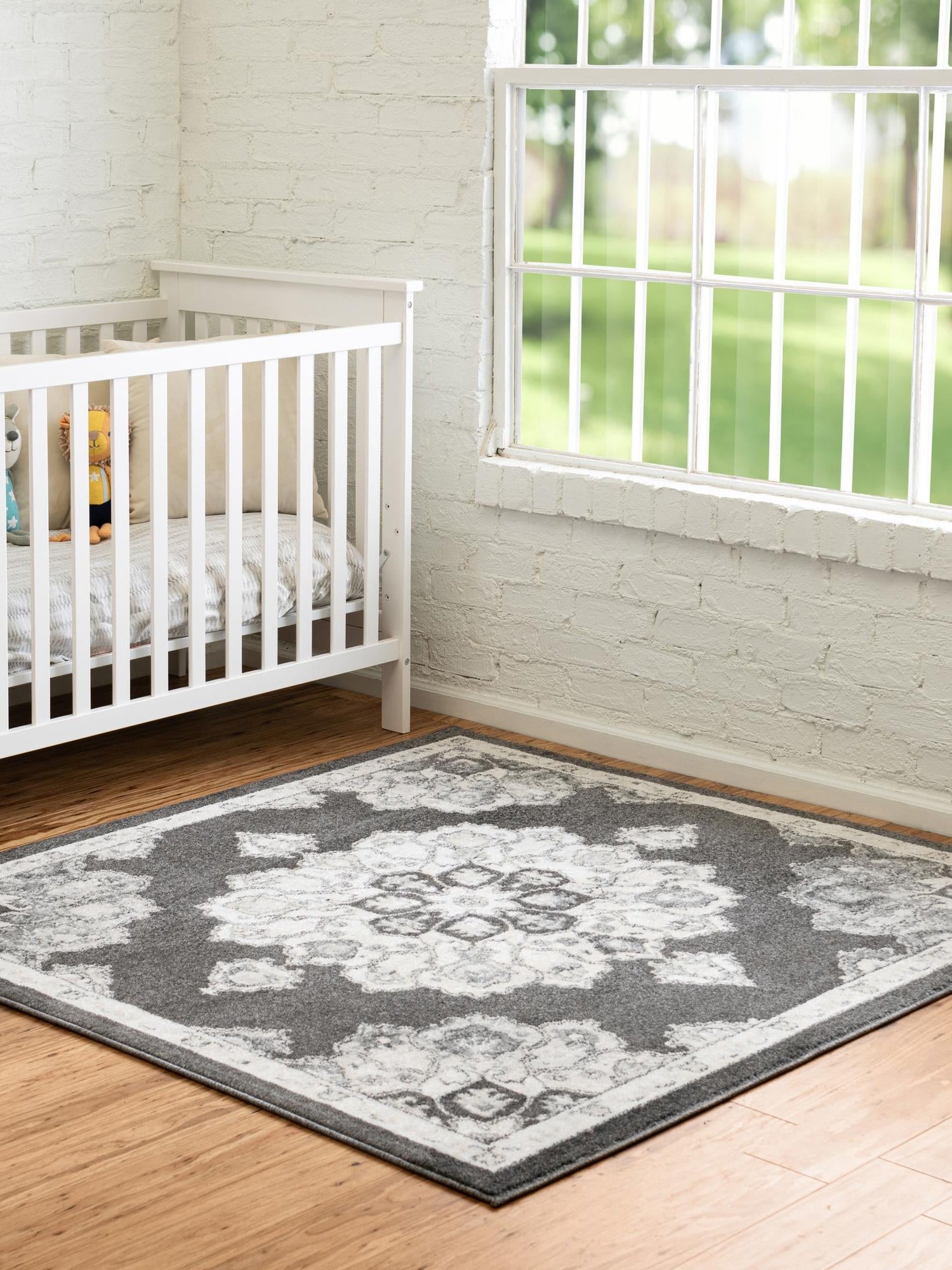 Charcoal 7' 10 x 7' 10 Parker Square Area Rug Traditional Motif Classic Design Stain Resistant Carpet for Living, Dining, Bedrooms, Kitchen, Office for Sale at Rug Engine