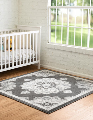 Charcoal 7' 10 x 7' 10 Parker Square Area Rug Traditional Motif Classic Design Stain Resistant Carpet for Living, Dining, Bedrooms, Kitchen, Office for Sale at Rug Engine