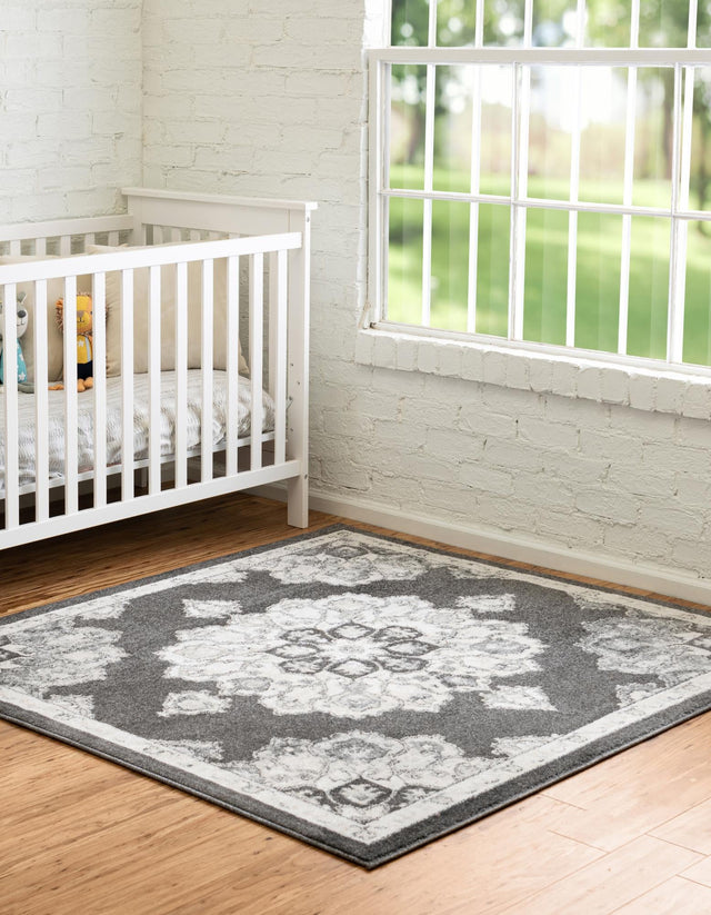 Charcoal 7' 10 x 7' 10 Parker Square Area Rug Traditional Motif Classic Design Stain Resistant Carpet for Living, Dining, Bedrooms, Kitchen, Office for Sale at Rug Engine
