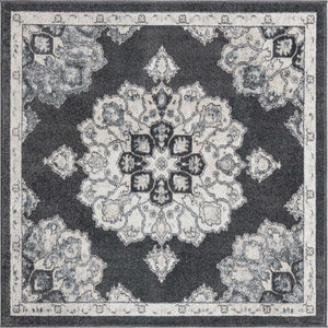 Charcoal 5' x 5' Parker Square Area Rug Traditional Motif Classic Design Stain Resistant Carpet for Living, Dining, Bedrooms, Kitchen, Office for Sale at Rug Engine