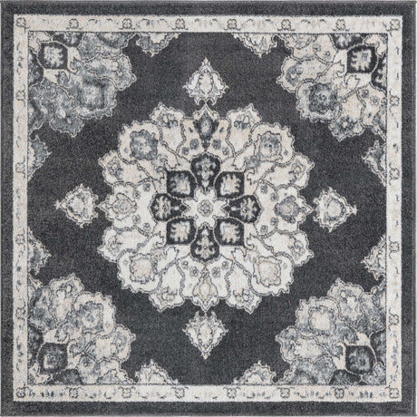 Charcoal 5' x 5' Parker Square Area Rug Traditional Motif Classic Design Stain Resistant Carpet for Living, Dining, Bedrooms, Kitchen, Office for Sale at Rug Engine