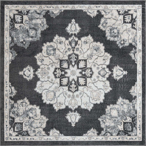 Charcoal 7' 10 x 7' 10 Parker Square Area Rug Traditional Motif Classic Design Stain Resistant Carpet for Living, Dining, Bedrooms, Kitchen, Office for Sale at Rug Engine