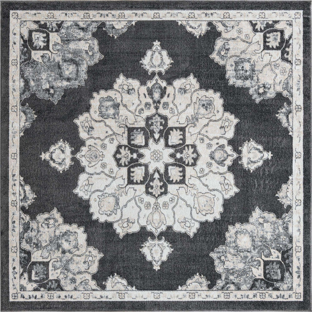 Charcoal 7' 10 x 7' 10 Parker Square Area Rug Traditional Motif Classic Design Stain Resistant Carpet for Living, Dining, Bedrooms, Kitchen, Office for Sale at Rug Engine