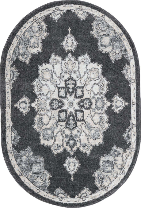Charcoal 4' x 6' Parker Oval Area Rug Traditional Motif Classic Design Stain Resistant Carpet for Living, Dining, Bedrooms, Kitchen, Office for Sale at Rug Engine